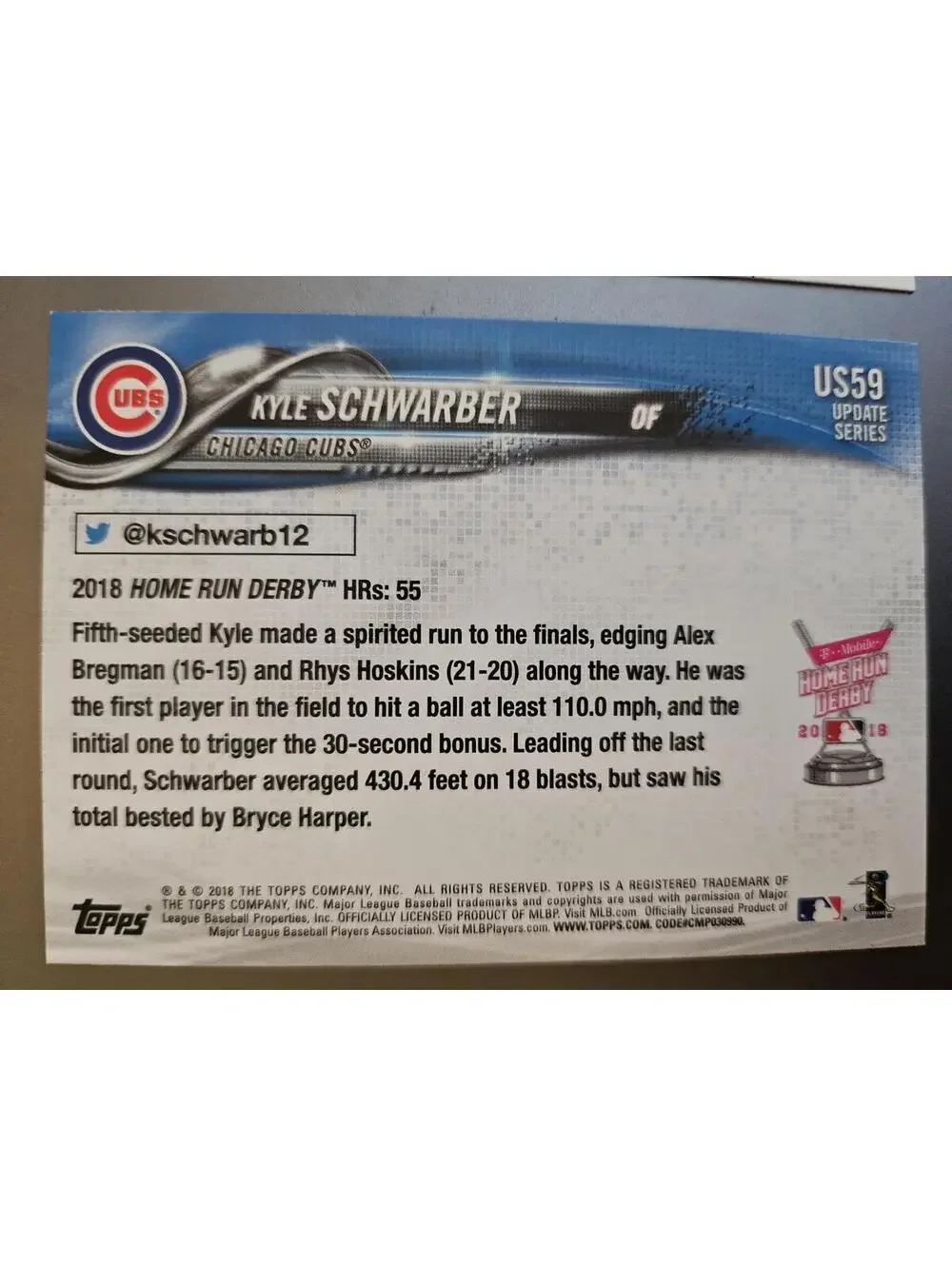 2018 Topps Update #US59 Kyle Schwarber Chicago Cubs - Picture 2 of 2